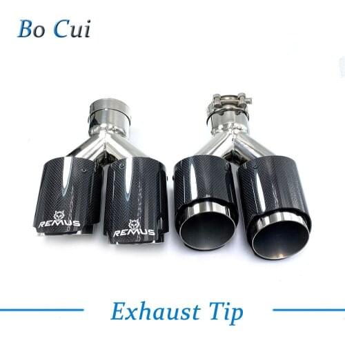 2PCS Universal Dual Glossy Carbon Fiber Exhaust Tip 304 Stainless Steel Exhaust Pipe Straight Flange Muffler Tip For Remus