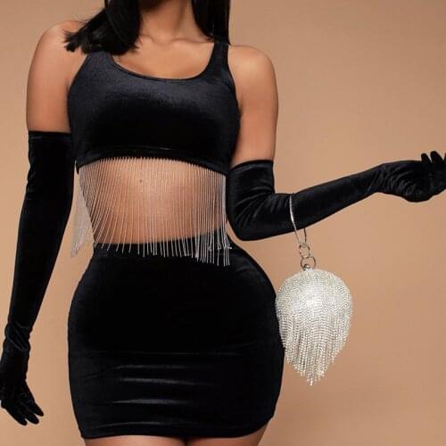 Autumn Women Tassels Two Pcs Dress Sexy Tassel Tanks Crop Tube Tops With Gloves & Hip Package Mini Skirts Party Club 2 Pcs Set