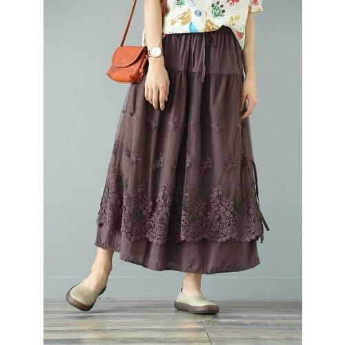 Autumn Skirt Women Large size Loose Retro Skirt 2019 New Female Elastic Waist Embroidery Lace Long Solid color Skirt Mori girl