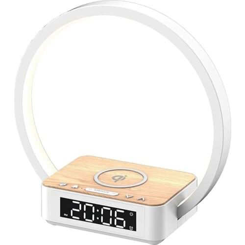 Bedside Lamp Qi Wireless Charger Led Table Lamp With Alarm Clock, Press Control 3 Light Tones US Plug