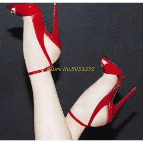 Red Patent Leather Sling back Heels Peep Toe Ankle Strap Sandals Woman Sexy Super High Club wear Dress Shoes