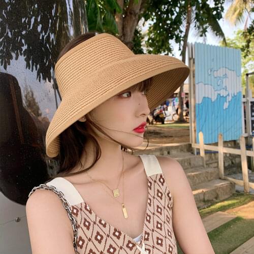 2021 Collapsible Summer Women Straw Hat Shade Solid Color Sun Protection Outdoor Empty Top Hat Beach Hat