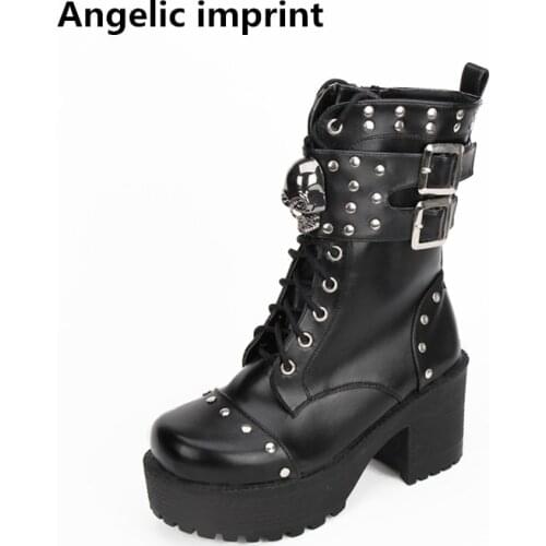 Angelic imprint mori girl Women shoes lady lolita cool punk motorcycle Boots woman high heel pumps platform shoes 35-40 rivets