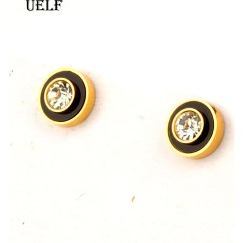 Uelf Crystal Earrings Women Stainless Steel Jewelry Black Enamel Stud Earring kit Bijouteria brincos fashion