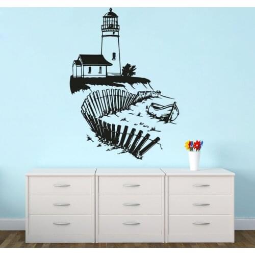 Lighthouse Silhouette Vinyl Wall Decals Home Living Room Decor Fence With Boat Wall Sticker Lighthouse Style Wall Posters AZ629