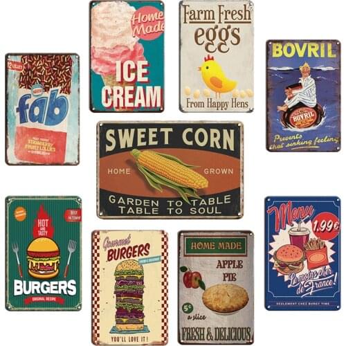 Vintage Burgers Metal Sign Burgy Time Tin Poster Fast Food Decor Plates Sweet Corn Wall Sticker Art Kitchen Room Decorations