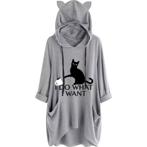 Autumn Winter Tunic Shirt Women Casual Print Cat Ear Hooded Blouse Long Sleeves Pocket Irregular fashion new top femme 2019 New