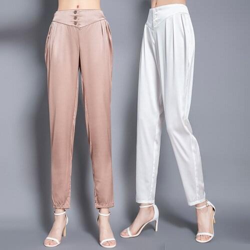 High Quality 100% Silk Trousers for Women White Pants Female High Waist Harem Pants Summer 2021 Pantalones De Mujer Pph4171