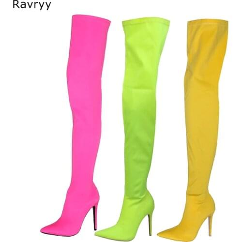 Candy Color Elastic womans long boots orange pink green pointed toe thin leg autumn over-the-knee boot model club female shoes