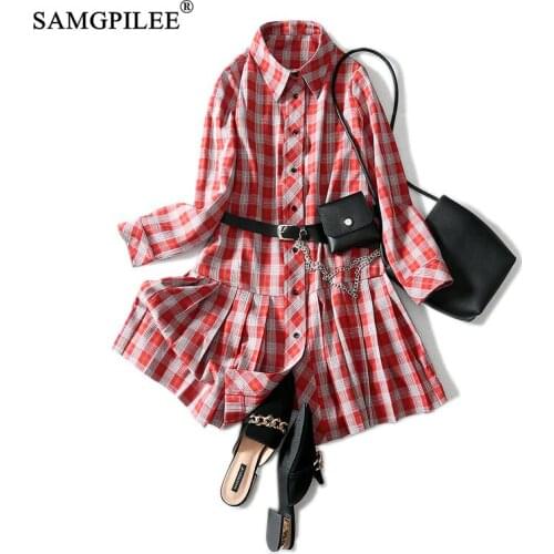 Women Dresses Autumn 2021 Casual A-line Plaid Dress Full Sleeve Sashes Knee-length Turn-down Collar Women Autumn Sundress 3XL