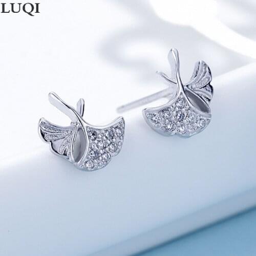 Womens Fashion S925 Silver Plated Platinum Micro-Inlaid Zircon Fresh Ginkgo Leaf Stud Earrings ER260