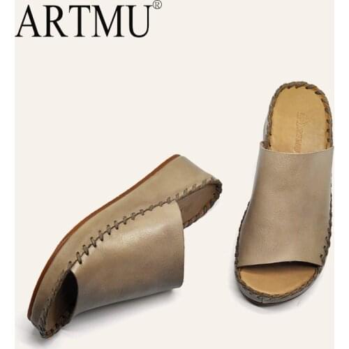 Artmu Original Retro Platform Slippers Women Outside Wear Wedges Heels Genuine Leather Handmade Slippers Summer New 182-10