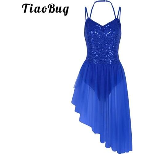TiaoBug Women Halter Sequin Ballet Tutu Dance Leotard Dress Asymmetrical Tulle Ballet Leotard Female Stage Lyrical Dance Costume