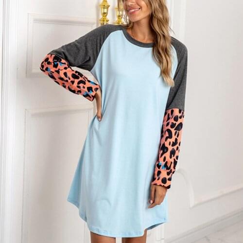 Womens Leopard Casual Dress Fall Short Mini Dress Long Sleeve Round Neck Girl Tummy Patchwork Loose Winter Dress Home wear