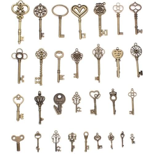 24pc/lot Mix Styles Key Shape Pendant Charms Antique Bronze Color Heart Pendant Fit Vintage DIY Necklace Bracelet