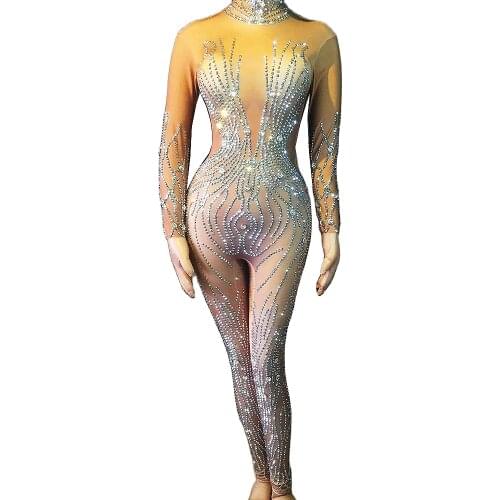Sparkling Rhinestones Pattern Printing Tights Jumpsuit Ladies Nightclub Performance Dance Costume Party Evening Costume Women