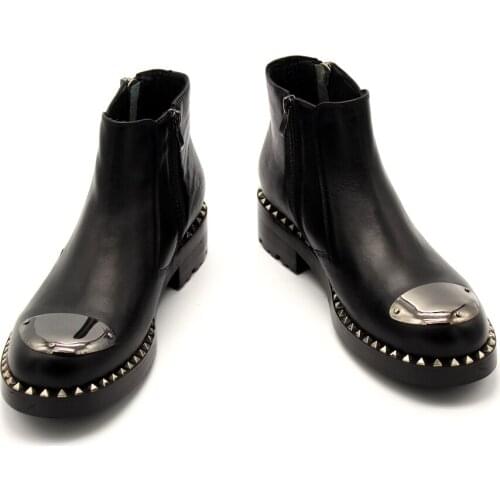 Handmade Thick heel Boots Metal toe Cowhide Ankle Zip Boot Winter Fall