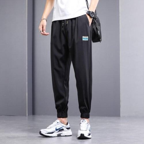 Summer New Mens Thin Casual Tie Pants Fashion Loose Slim Stretch Brand Breathable Cool Black Jogging Trousers Green Gray Black