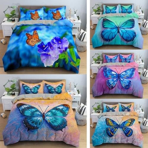 Blue Butterfly Duvet Cover Set with Pillowcase Zipper Closure Print Comforter Single Double Queen King Size 2/3pcs Bedding Set