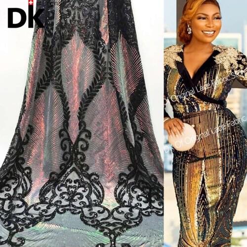 Black And Gold Sequins Lace Fabric Special Design 2021 Indian Women Wedding Gown Dresses Sequined Mesh Voile Lace Net Material