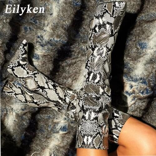 Eilyken Women Colorful Snake grain Boots Female High Heel Knee High Pointed Toe Zipper Shoes Slouch Pleated Winter Ladies Boots