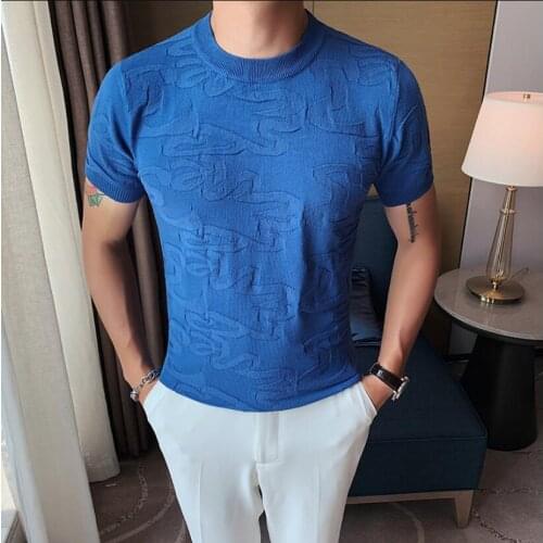 Summer Knitted T shirt Mens Tshirt Retro Fashion New Harajuku Round Neck Short Sleeve Casual Men Slim British style Top Tees