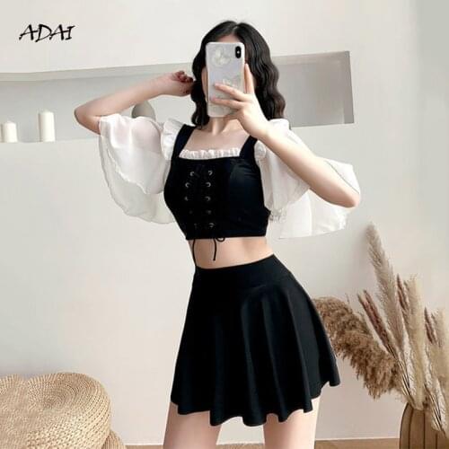 High Waisted Bikini Set Swimwear Women Swimsuit with Sleeves Skirt Ruffles Two Piece Bathing Suits 2021 Summer Suit Beachwear