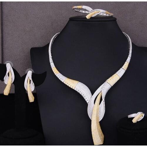 4PCS Women Wedding Jewelry Sets Hot Luxury Bowknot Flowers Cubic Zirconia Choker Necklace Earring Dubai Jewellery Sets