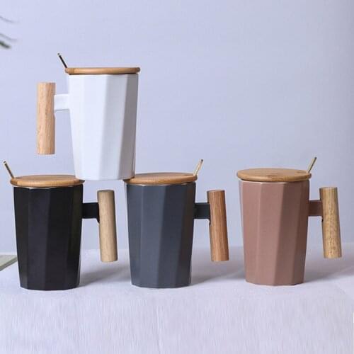 Creative Ceramic Coffee Mug Wooden Handle Design Modern Style Nordic Tea Cup With Spoon Lid Milk Juice Mug Tableware Drinkware