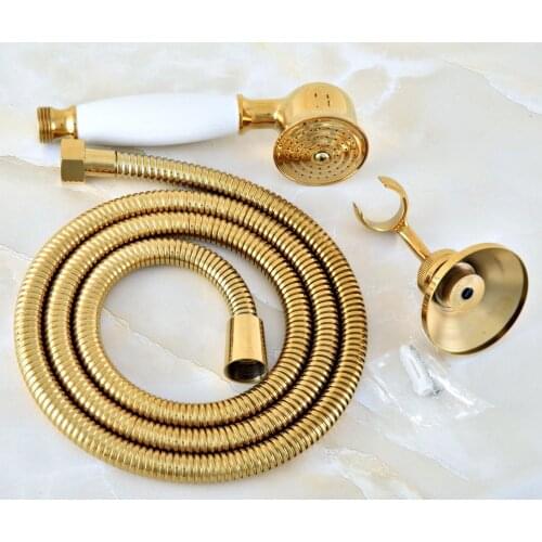 Gold Color Brass Hand Held Shower Head Wall Holder Bracket 1.5M Hose Set Water Saving Bathroom Handheld Sprayer ahh046