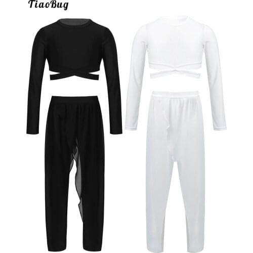 TiaoBug Summer Kids Girls Yoga Sport Outfits Long Sleeves Pullover Crop Top With Irregular Culottes Pantskirt For Gym Fitness
