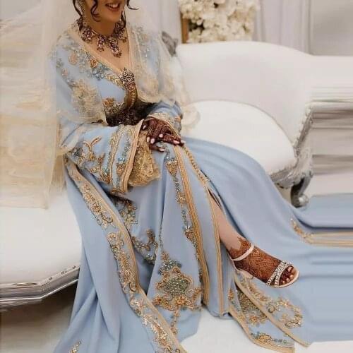 Moroccan Kaftan Caftan Muslim Evening Dresses A-line Long Sleeves Chiffon Lace Bead Dubai Arabic Turkey Abaya Islamic Gown