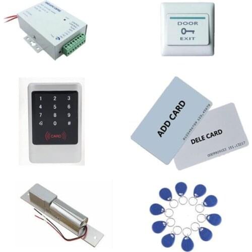 Metal Access control kit,em/ ID keypad access control+ power+bolt lock+exit button+ 10 keyfob ID tags,sn:Tset-2