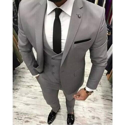 3 Pieces Slim Fit Grey One Button Groom Tuxedos Wedding Suit For Men Formal Business Prom Party Suit(Jacket+Pants+Tie+Vest)