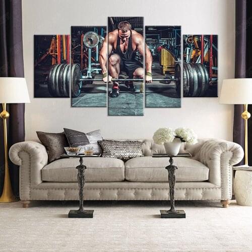Canvas Poster HD Printed Wall Art Pictures Modular Frame 5 Pieces Weightlifting Fitness Equipment Painting Gym Room Decor