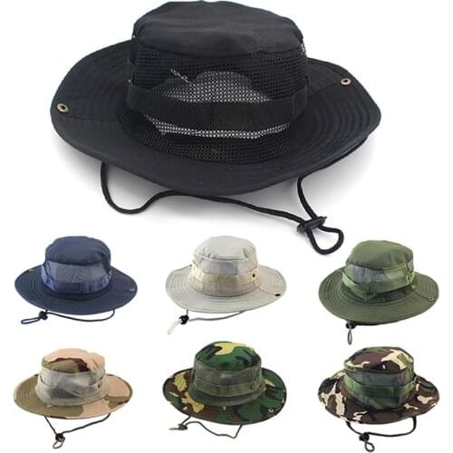 New Men Tactical Hat Boonie Hat Military Camouflage Bucket Hat Sun Protector Fisherman Cap with Net