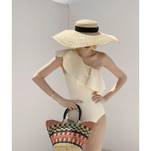 2021 New Fashion Ladies Solid Color Bikini Sexy Big Lotus Leaf Cover Belly Slim Conservative One-shoulder Swimsuit XL