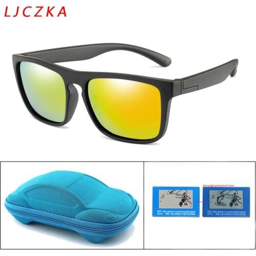 LJCZKA Vintage Kids Sunglasses Boy Polarized Sun Glasses With Box Children Girls Silicone Frame Square Mirror Goggle UV Eyewear