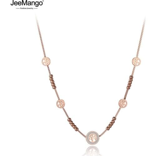 JeeMango Fashion Stainless Steel Plant Tree CZ Crystal Pendant Necklaces For Women Bohemia Rhinestone Choker Necklace JN19176