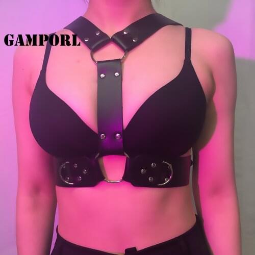 GAMPORL Punk Wide Leather Underwear Harness Womens Body Bondage Garter Belt Goth Stockings Crop Top Suspender Belt Gothic Sek