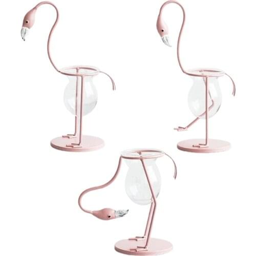 Flamingo Shape Glass Tabletop Plant Bonsai Vase Metal Flower Pot Wedding Christmas Home Decoration Accessory 3 Types N0PA