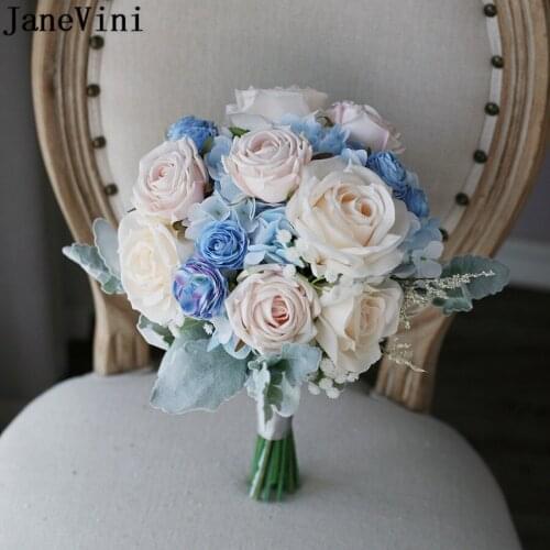 JaneVini Western Style Blue Hydrangea Bride Flower Wedding Bouquet Artificial Cream Beige Rose Fleur Bleu Silk Bridal Bouquets