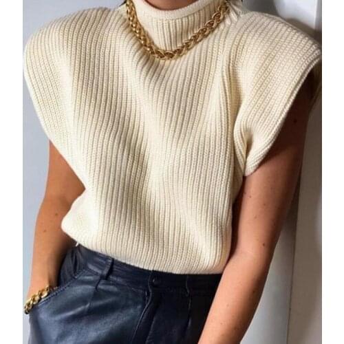 UNAIZA Womens Solid Color Sweater Sleeveless High Neck New Fashion Casual Shoulder Pad Sweater High Neck Knit Loose Sweater