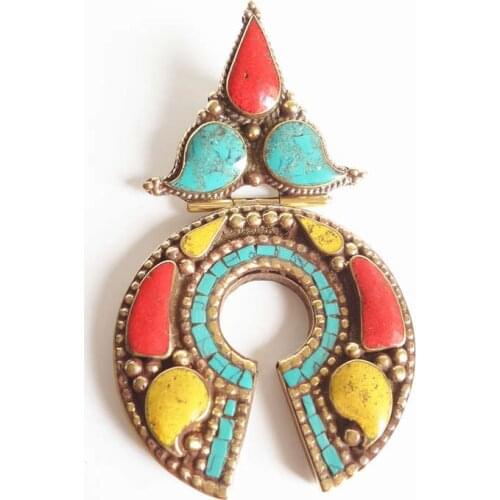 TBP020 Tibetan Amulet Big Pendants Nepal Hand Jewelry Copper Inlay Colorful Stone Arrow