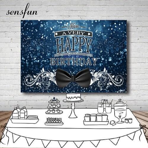 Sensfun Dark Blue Glitter Bokeh Backdrops For Photography Bow Ties Boys Man Happy Birthday Party Backgrounds Custom Photocall