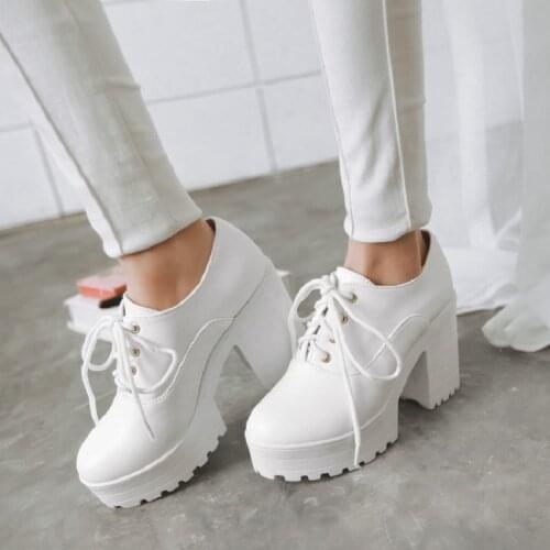 XJRHXJR Punk Rock Gothic Pumps Women Chunky Block High Heels Shoes Round Toe Lace Up Thick Platform Heel Shoes Black White 34-43