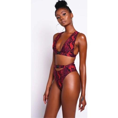 Vintage Snake Print Bikini Set Deep V-neck Swimwear Women Bandage Swimsuit Push up Brazilian bikini Bathers Bathing Suit Biquini