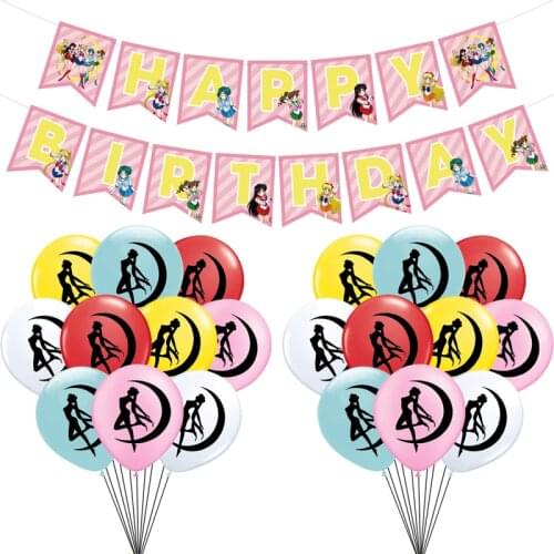 1set Sailored Moon Balloons Banner Cartoon Pink Princess Latex Ballons Baby Shower Beautiful Girl Hero Flag Birthday Party Decor