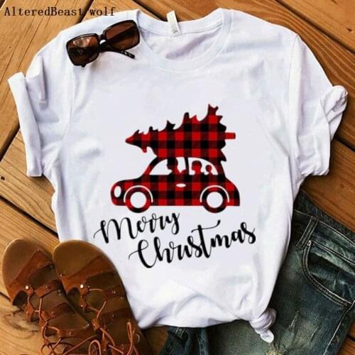 Women white christmas tshirt women print plaid car tree T Shirt women summer vogue short sleeve clothes female casual tops tee