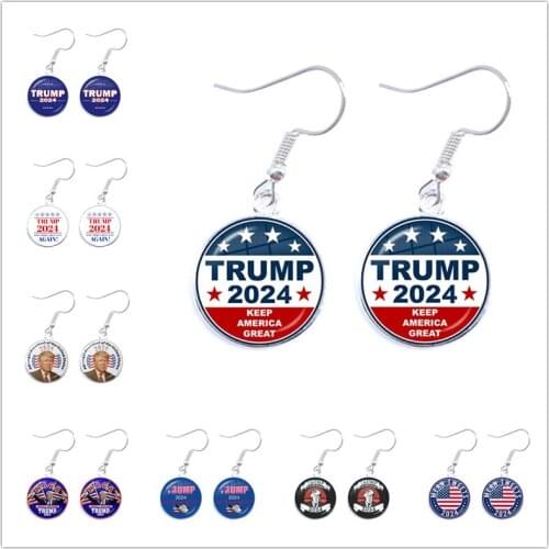 Women For Trump 2024 American Election Glass Cabochon Earrings 3D Print Golden Plated Drop Earrings Jewelry For Women Girls